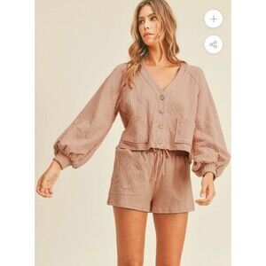 Mable Cardigan Set Haley Crop Womens Large Rose Shorts Pockets Lounge Casual